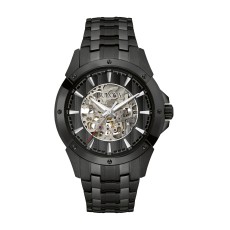 BULOVA MENS AUTOMATIC BLACK STAINLESS STEEL WATCH, OPEN SKELETON DIAL