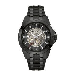 BULOVA MENS AUTOMATIC BLACK STAINLESS STEEL WATCH, OPEN SKELETON DIAL